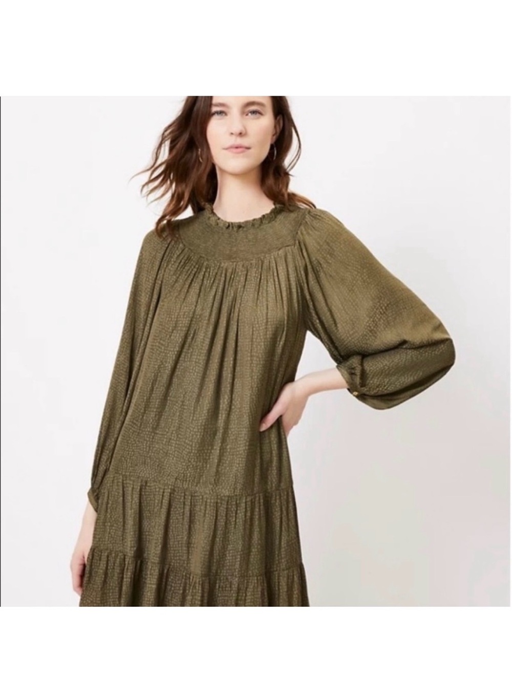 NWT Loft SzMP Olive Green Smocked Yoke Midi Dress